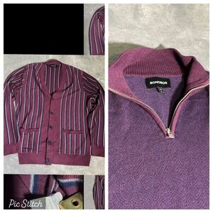 Bonobos Cardigan + 1/4 Zip Men's Large Slim Fit  Merino Maroon Striped Sweaters